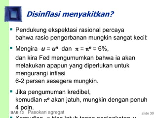 slide 30BAB 13 Pasokan agregat
Disinflasi menyakitkan?
 Pendukung ekspektasi rasional percaya
bahwa rasio pengorbanan mungkin sangat kecil:
 Mengira u = un dan  = e = 6%,
dan kira Fed mengumumkan bahwa ia akan
melakukan apapun yang diperlukan untuk
mengurangi inflasi
6-2 persen sesegera mungkin.
 Jika pengumuman kredibel,
kemudian e akan jatuh, mungkin dengan penuh
4 poin.
 