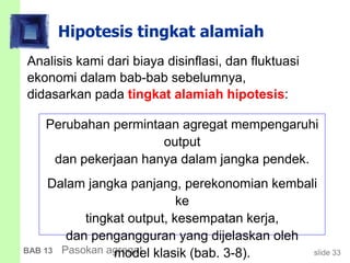 slide 33BAB 13 Pasokan agregat
Hipotesis tingkat alamiah
Analisis kami dari biaya disinflasi, dan fluktuasi
ekonomi dalam bab-bab sebelumnya,
didasarkan pada tingkat alamiah hipotesis:
Perubahan permintaan agregat mempengaruhi
output
dan pekerjaan hanya dalam jangka pendek.
Dalam jangka panjang, perekonomian kembali
ke
tingkat output, kesempatan kerja,
dan pengangguran yang dijelaskan oleh
model klasik (bab. 3-8).
 