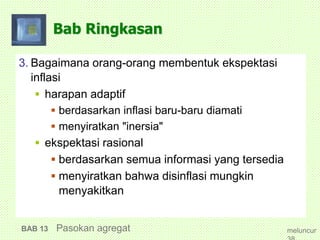 Bab Ringkasan
3. Bagaimana orang-orang membentuk ekspektasi
inflasi
 harapan adaptif
 berdasarkan inflasi baru-baru diamati
 menyiratkan "inersia"
 ekspektasi rasional
 berdasarkan semua informasi yang tersedia
 menyiratkan bahwa disinflasi mungkin
menyakitkan
BAB 13 Pasokan agregat meluncur
 