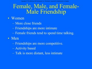 Female, Male, and Female-Male Friendship Women More close friends  Friendships are more intimate Female friends tend to spend time talking. Men Friendships are more competitive. Activity based Talk is more distant, less intimate 