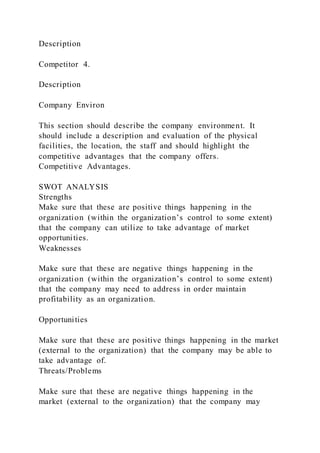 Description
Competitor 4.
Description
Company Environ
This section should describe the company environment. It
should include a description and evaluation of the physical
facilities, the location, the staff and should highlight the
competitive advantages that the company offers.
Competitive Advantages.
SWOT ANALYSIS
Strengths
Make sure that these are positive things happening in the
organization (within the organization’s control to some extent)
that the company can utilize to take advantage of market
opportunities.
Weaknesses
Make sure that these are negative things happening in the
organization (within the organization’s control to some extent)
that the company may need to address in order maintain
profitability as an organization.
Opportunities
Make sure that these are positive things happening in the market
(external to the organization) that the company may be able to
take advantage of.
Threats/Problems
Make sure that these are negative things happening in the
market (external to the organization) that the company may
 