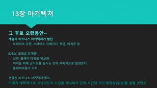 그 후로 오랬동안~
게임의 비즈니스 아키텍처가 발전
- 브레이크 아웃, 스페이스 인베이더, 팩맨, 마계촌 등
B2B2C 모델로 첨예화
- 실력, 플레이 타임을 담보화
- 이익을 위해 난이도를 높이는 것이 지속적으로 발생한다.
- 플레이어들이 기치
변경된 비즈니스 아키텍처 목표
어떻게 매력적으로 고난이도의 도전을 제시해서 단위 시간당 코인 투입량(수입)을 늘릴 것인가
13장 아키텍쳐
 