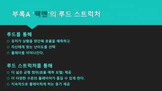 루드를 통해
 유저가 상황을 판단해 효율을 예측하고
 자신에게 맞는 난이도를 선택
 플레이를 이어나간다.
루드 스트럭처를 통해
 더 넓은 균형 범위(효율 예측 모델) 제공
 더 다양한 수준의 플레이어가 즐길 수 있게 한다.
 지속적으로 플레이하게 하는 동기 제공
부록A ‘팩맨’의 루드 스트럭처
 