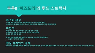 부록B ‘퍼즈도라’의 루드 스트럭처
몬스터 완성
가정용 게임기에서 게임은 게임 클리어가 상위 루드(최종 목표)
네트워크 시대 게임은 다르다. 몬스터 완성이 최종 목표(수집, 강화, 진화)팀 강화
마법석
게임 여러 루드 스트럭쳐에서 난이도를 내리는 역할
게임에서도 얻을 수 있지만 결국 그 또한 난이도 발생
결제로 획득하면 참 쉽죠
중요한 점은 결제를 해도 밸런스가 무너지지 않는다는 점(어떻게??)
- 그렇게 디자인 되어있다.
현실 세계와의 경계
SNS??? // 일상생활 속에서 새로운 던전이나 체력 회복, 친구의 협력 등을 기대하고 이 게임으 루드로 되돌아 오는 구조가 있다???(뭔 소리야)
 