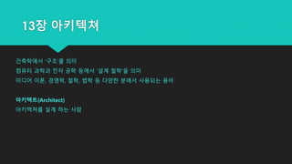 건축학에서 ‘구조’를 의미
컴퓨터 과학과 전자 공학 등에서 ‘설계 철학’을 의미
미디어 이론, 경영학, 철학, 법학 등 다양한 분에서 사용되는 용어
아키텍트(Architect)
아키텍쳐를 설계 하는 사람
13장 아키텍쳐
 