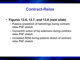 Contract-Relax
• Figures 13.6, 13.7, and 13.8 (next slide)
– Passive prestretch of hamstrings during contract-
relax PNF s...
