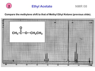NMR 08
Ethyl Acetate
2
CH3 C
O
O CH2CH3
Compare the methylene shift to that of Methyl Ethyl Ketone (previous slide).