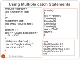 Using Multiple catch Statements
#include <iostream>
void Xhandler(int test)
{
try{
if(test) throw test;
else throw "Value is zero";
}
catch(int i) {
cout << "Caught Exception #: "
<< i << 'n';
}
catch(const char *str) {
cout << "Caught a string: ";
cout << str << 'n';
}
}
int main()
{
cout << "Startn";
Xhandler(1);
Xhandler(2);
Xhandler(0);
Xhandler(3);
cout << "End";
return 0;
}
Start
Caught Exception #: 1
Caught Exception #: 2
Caught a string: Value is zero
Caught Exception #: 3
End
20 By:-Gourav Kottawar
 