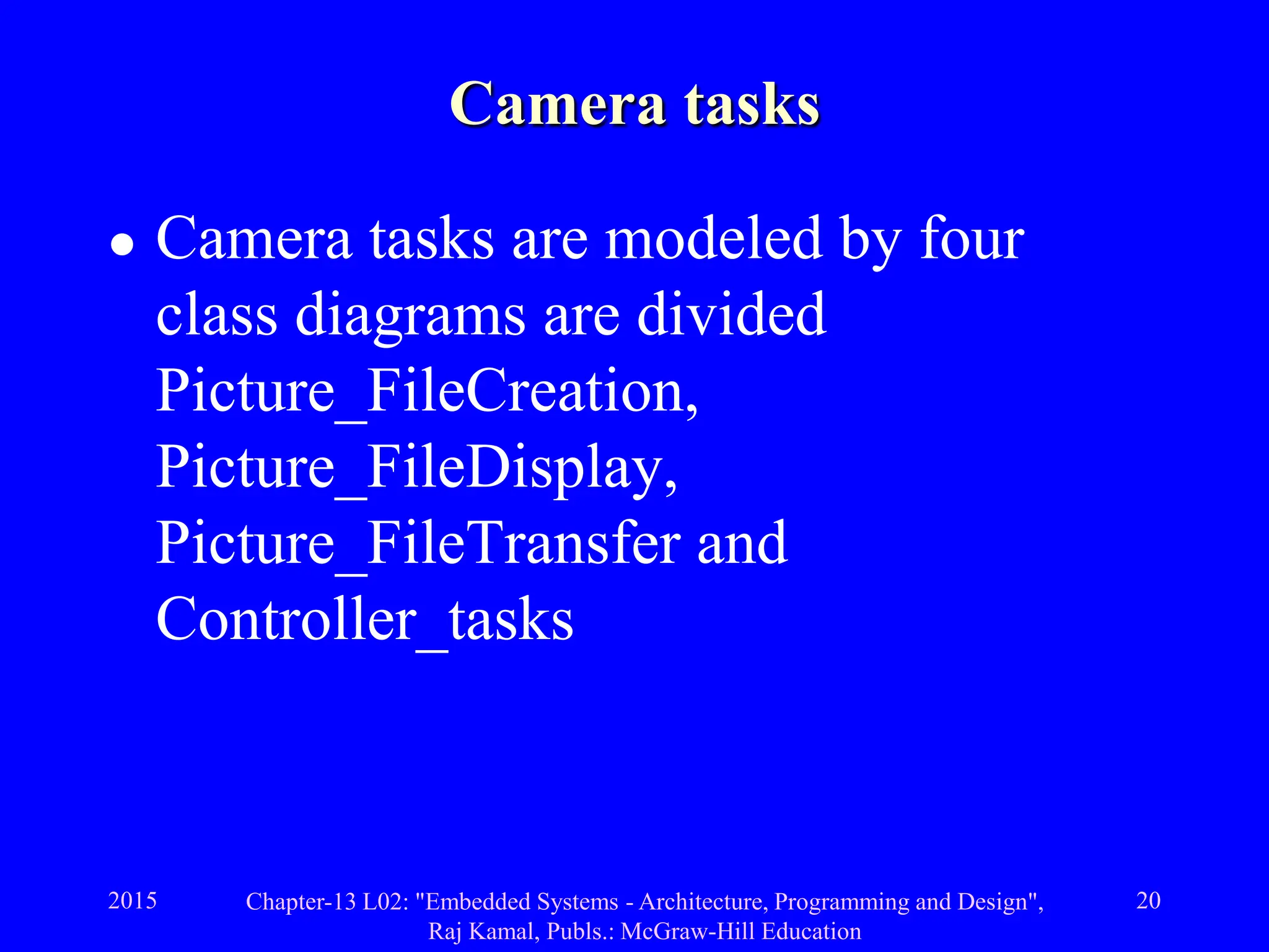 2015 Chapter-13 L02: "Embedded Systems - Architecture, Programming and Design",
Raj Kamal, Publs.: McGraw-Hill Education
20
Camera tasks
 Camera tasks are modeled by four
class diagrams are divided
Picture_FileCreation,
Picture_FileDisplay,
Picture_FileTransfer and
Controller_tasks
 
