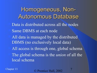 7Chapter 13
© Prentice Hall, 2002
Homogeneous, Non-Homogeneous, Non-
Autonomous DatabaseAutonomous Database
Data is distributed across all the nodes
Same DBMS at each node
All data is managed by the distributed
DBMS (no exclusively local data)
All access is through one, global schema
The global schema is the union of all the
local schema
 
