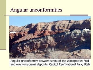 Angular unconformities Horizontal sedimentary layers are TILTED when they are uplifted then eroded. New sedimentary layers are deposited on top of this erosional surface. Look for angles in the lower rock layers!