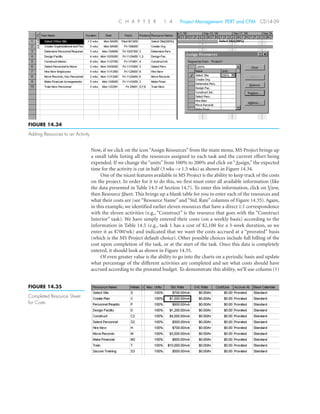 Now, if we click on the icon “Assign Resources” from the main menu, MS Project brings up
a small table listing all the resources assigned to each task and the current effort being
expended. If we change the “units” from 100% to 200% and click on “Assign,” the expected
time for the activity is cut in half (3 wks → 1.5 wks) as shown in Figure 14.34.
One of the nicest features available in MS Project is the ability to keep track of the costs
on the project. In order for it to do this, we first must enter all available information (like
the data presented in Table 14.5 of Section 14.7). To enter this information, click on View,
then Resource Sheet. This brings up a blank table for you to enter each of the resources and
what their costs are (see “Resource Name” and “Std. Rate” columns of Figure 14.35). Again,
in this example, we identified earlier eleven resources that have a direct 1:1 correspondence
with the eleven activities (e.g., “Construct” is the resource that goes with the “Construct
Interior” task). We have simply entered their costs (on a weekly basis) according to the
information in Table 14.5 (e.g., task 1 has a cost of $2,100 for a 3-week duration, so we
enter it as $700/wk) and indicated that we want the costs accrued at a “prorated” basis
(which is the MS Project default choice). Other possible choices include full billing of the
cost upon completion of the task, or at the start of the task. Once this data is completely
entered, it should look as shown in Figure 14.35.
Of even greater value is the ability to go into the charts on a periodic basis and update
what percentage of the different activities are completed and see what costs should have
accrued according to the prorated budget. To demonstrate this ability, we’ll use column (1)
C H A P T E R 1 4 Project Management: PERT and CPM CD14-39
FIGURE 14.34
Adding Resources to an Activity
FIGURE 14.35
Completed Resource Sheet
for Costs
 