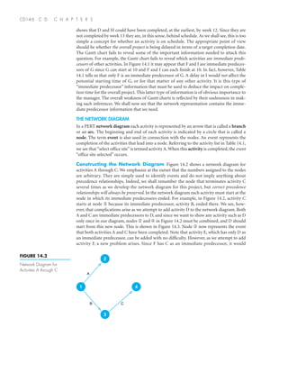 shows that D and H could have been completed, at the earliest, by week 12. Since they are
not completed by week 13 they are, in this sense, behind schedule. As we shall see, this is too
simple a concept for whether an activity is on schedule. The appropriate point of view
should be whether the overall project is being delayed in terms of a target completion date.
The Gantt chart fails to reveal some of the important information needed to attack this
question. For example, the Gantt chart fails to reveal which activities are immediate prede-
cessors of other activities. In Figure 14.1 it may appear that F and I are immediate predeces-
sors of G since G can start at 10 and F and I can each finish at 10. In fact, however, Table
14.1 tells us that only F is an immediate predecessor of G. A delay in I would not affect the
potential starting time of G, or for that matter of any other activity. It is this type of
“immediate predecessor” information that must be used to deduce the impact on comple-
tion time for the overall project. This latter type of information is of obvious importance to
the manager. The overall weakness of Gantt charts is reflected by their uselessness in mak-
ing such inferences. We shall now see that the network representation contains the imme-
diate predecessor information that we need.
THE NETWORK DIAGRAM
In a PERT network diagram each activity is represented by an arrow that is called a branch
or an arc. The beginning and end of each activity is indicated by a circle that is called a
node. The term event is also used in connection with the nodes. An event represents the
completion of the activities that lead into a node. Referring to the activity list in Table 14.1,
we see that“select office site”is termed activity A.When this activity is completed, the event
“office site selected” occurs.
Constructing the Network Diagram Figure 14.2 shows a network diagram for
activities A through C. We emphasize at the outset that the numbers assigned to the nodes
are arbitrary. They are simply used to identify events and do not imply anything about
precedence relationships. Indeed, we shall renumber the node that terminates activity C
several times as we develop the network diagram for this project, but correct precedence
relationships will always be preserved. In the network diagram each activity must start at the
node in which its immediate predecessors ended. For example, in Figure 14.2, activity C
starts at node ➂ because its immediate predecessor, activity B, ended there. We see, how-
ever, that complications arise as we attempt to add activity D to the network diagram. Both
A and C are immediate predecessors to D, and since we want to show any activity such as D
only once in our diagram, nodes ➁ and ➃ in Figure 14.2 must be combined, and D should
start from this new node. This is shown in Figure 14.3. Node ➂ now represents the event
that both activities A and C have been completed. Note that activity E, which has only D as
an immediate predecessor, can be added with no difficulty. However, as we attempt to add
activity F, a new problem arises. Since F has C as an immediate predecessor, it would
CD14-6 C D C H A P T E R S
FIGURE 14.2
Network Diagram for
Activities A through C
CB
A
1
2
4
3
 