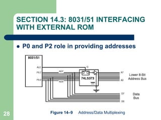 28
SECTION 14.3: 8031/51 INTERFACING
WITH EXTERNAL ROM
 P0 and P2 role in providing addresses
Figure 14–9 Address/Data Multiplexing
 