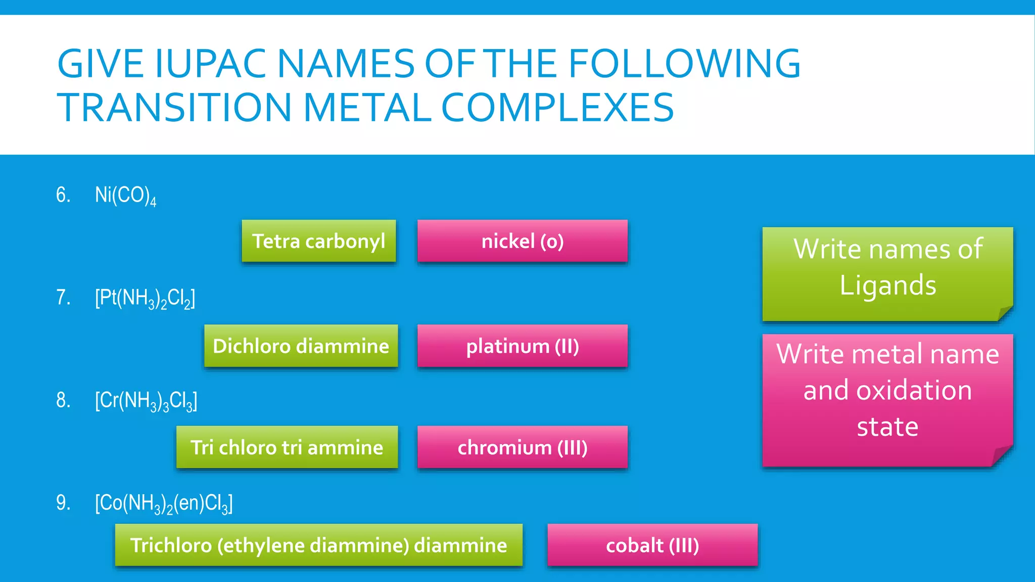 GIVE IUPAC NAMES OFTHE FOLLOWING
TRANSITION METAL COMPLEXES
6. Ni(CO)4
7. [Pt(NH3)2Cl2]
8. [Cr(NH3)3Cl3]
9. [Co(NH3)2(en)Cl3]
Write names of
Ligands
Write metal name
and oxidation
state
Tetra carbonyl
Dichloro diammine
Trichloro (ethylene diammine) diammine
Tri chloro tri ammine
nickel (0)
platinum (II)
cobalt (III)
chromium (III)
 