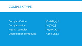 COMPLEXTYPE
Complex Cation [Co(NH3)6]+3
Complex anion [Ni(CN)4]-2
Neutral complex [Pt(NH3)Cl4]
Coordination compound K4[Fe(CN)6]
 