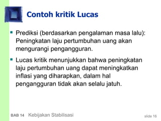 slide 16BAB 14 Kebijakan Stabilisasi
Contoh kritik Lucas
 Prediksi (berdasarkan pengalaman masa lalu):
Peningkatan laju pertumbuhan uang akan
mengurangi pengangguran.
 Lucas kritik menunjukkan bahwa peningkatan
laju pertumbuhan uang dapat meningkatkan
inflasi yang diharapkan, dalam hal
pengangguran tidak akan selalu jatuh.
 