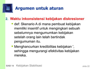slide 22BAB 14 Kebijakan Stabilisasi
Argumen untuk aturan
2. Waktu inkonsistensi kebijakan diskresioner
 def: Skenario A di mana pembuat kebijakan
memiliki insentif untuk mengingkari sebuah
sebelumnya mengumumkan kebijakan
setelah orang lain telah bertindak
pengumuman itu.
 Menghancurkan kredibilitas kebijakan ',
sehingga mengurangi efektivitas kebijakan
mereka.
 