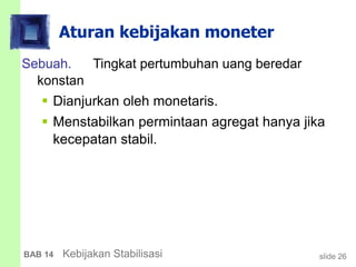 slide 26BAB 14 Kebijakan Stabilisasi
Aturan kebijakan moneter
Sebuah. Tingkat pertumbuhan uang beredar
konstan
 Dianjurkan oleh monetaris.
 Menstabilkan permintaan agregat hanya jika
kecepatan stabil.
 