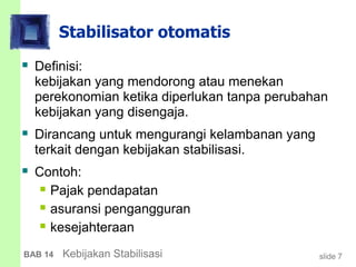 slide 7BAB 14 Kebijakan Stabilisasi
Stabilisator otomatis
 Definisi:
kebijakan yang mendorong atau menekan
perekonomian ketika diperlukan tanpa perubahan
kebijakan yang disengaja.
 Dirancang untuk mengurangi kelambanan yang
terkait dengan kebijakan stabilisasi.
 Contoh:
 Pajak pendapatan
 asuransi pengangguran
 kesejahteraan
 