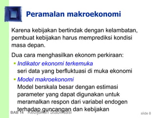 slide 8BAB 14 Kebijakan Stabilisasi
Peramalan makroekonomi
Karena kebijakan bertindak dengan kelambatan,
pembuat kebijakan harus memprediksi kondisi
masa depan.
Dua cara menghasilkan ekonom perkiraan:
 Indikator ekonomi terkemuka
seri data yang berfluktuasi di muka ekonomi
 Model makroekonomi
Model berskala besar dengan estimasi
parameter yang dapat digunakan untuk
meramalkan respon dari variabel endogen
terhadap guncangan dan kebijakan
 
