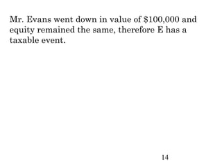 Mr. Evans went down in value of $100,000 and
equity remained the same, therefore E has a
taxable event.




                                   14
 