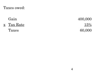 Taxes owed:

  Gain            400,000
x Tax Rate           15%
  Taxes            60,000




              4
 