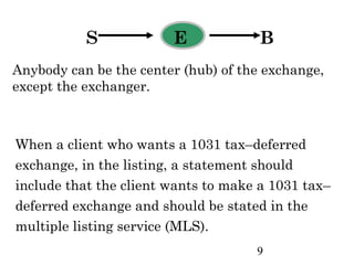 S            E             B
Anybody can be the center (hub) of the exchange,
except the exchanger.



When a client who wants a 1031 tax–deferred
exchange, in the listing, a statement should
include that the client wants to make a 1031 tax–
deferred exchange and should be stated in the
multiple listing service (MLS).
                                     9
 