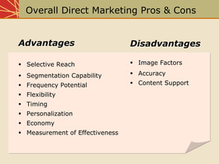Overall Direct Marketing Pros & Cons
AdvantagesAdvantages
Selective Reach
Segmentation Capability
Frequency Potential
Flexibility
Timing
Personalization
Economy
Measurement of Effectiveness
DisadvantagesDisadvantages
Image Factors
Accuracy
Content Support
 