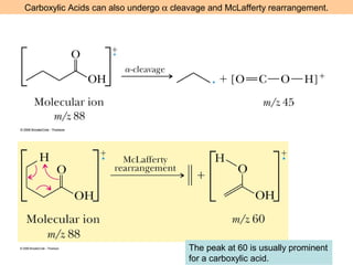 Carboxylic Acids can also undergo a cleavage and McLafferty rearrangement. 
The peak at 60 is usually prominent 
for a carboxylic acid. 
 