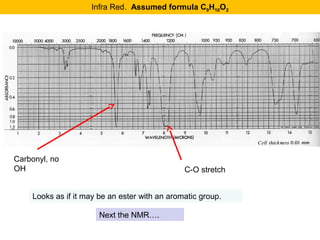 Infra Red. Assumed formula C9H10O2 
Carbonyl, no 
OH C-O stretch 
Looks as if it may be an ester with an aromatic group. 
Next the NMR…. 
 
