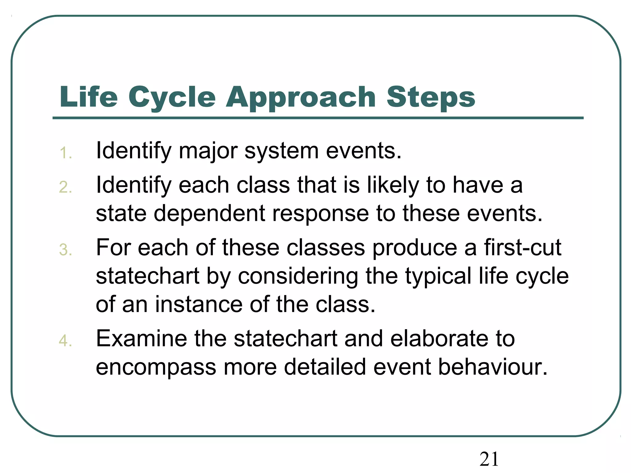 21 
Life Cycle Approach Steps 
1. Identify major system events. 
2. Identify each class that is likely to have a 
state dependent response to these events. 
3. For each of these classes produce a first-cut 
statechart by considering the typical life cycle 
of an instance of the class. 
4. Examine the statechart and elaborate to 
encompass more detailed event behaviour. 
 