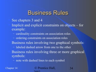 34Chapter 14 © Prentice Hall,
Business RulesBusiness Rules
 See chapters 3 and 4
 Implicit and explicit constraints on objects – for
example:
– cardinality constraints on association roles
– ordering constraints on association roles
 Business rules involving two graphical symbols:
– labeled dashed arrow from one to the other
 Business rules involving three or more graphical
symbols:
– note with dashed lines to each symbol
 