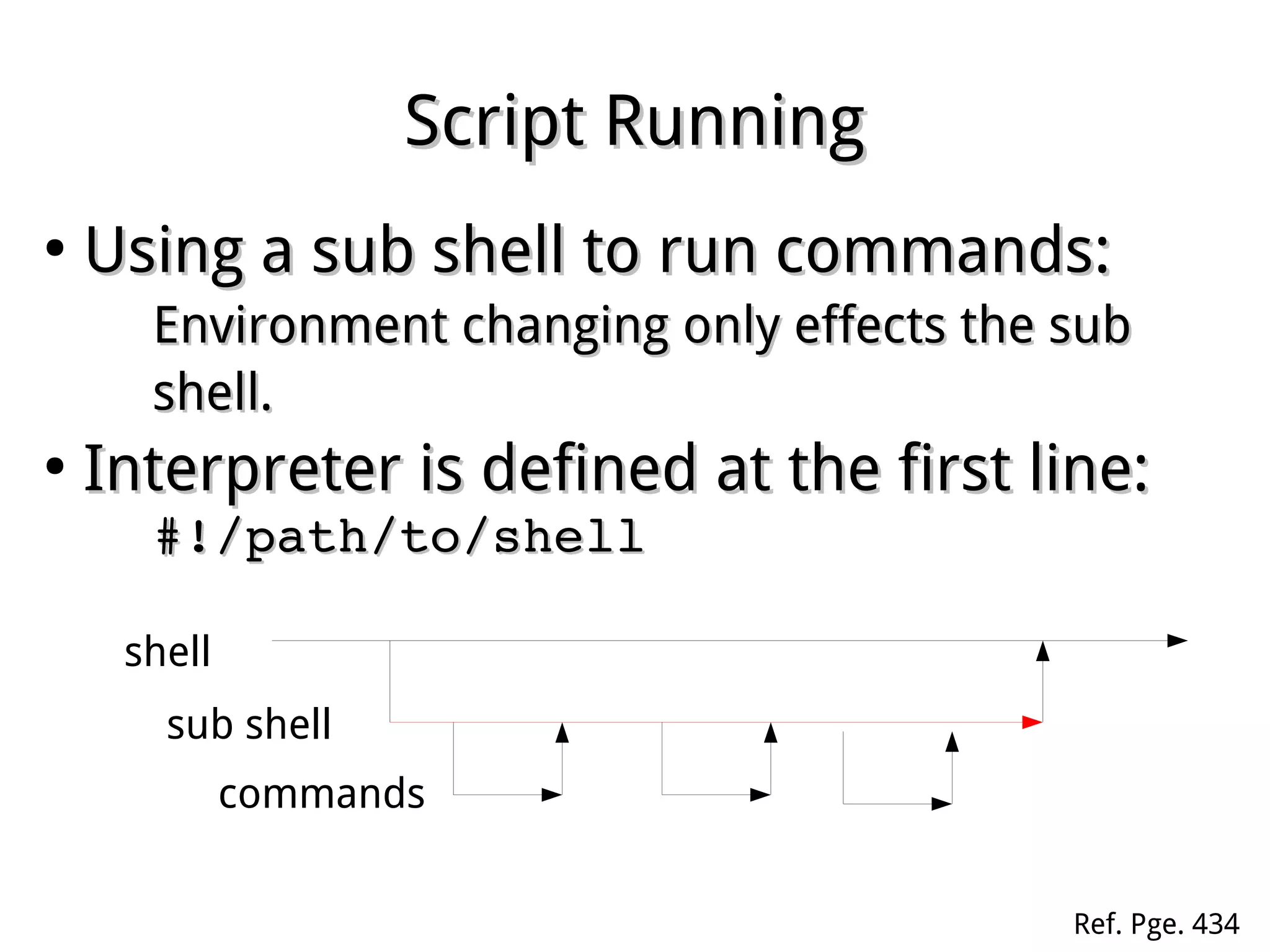 Script RunningScript Running
●
Using a sub shell to run commands:Using a sub shell to run commands:
Environment changing only effects the subEnvironment changing only effects the sub
shell.shell.
●
Interpreter is defined at the first line:Interpreter is defined at the first line:
#!/path/to/shell#!/path/to/shell
shell
sub shell
commands
Ref. Pge. 434
 