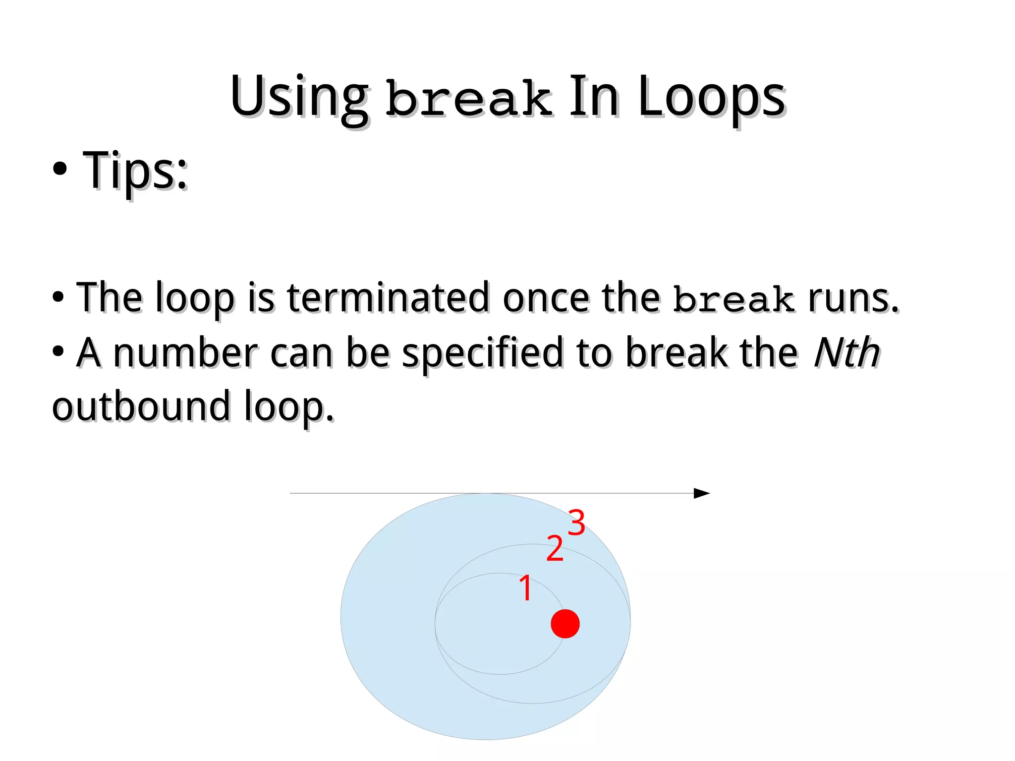 UsingUsing breakbreak In LoopsIn Loops
●
Tips:Tips:
●
The loop is terminated once theThe loop is terminated once the breakbreak runs.runs.
●
A number can be specified to break theA number can be specified to break the NthNth
outbound loop.outbound loop.
1
2
3
 
