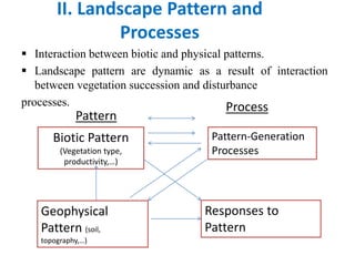 II. Landscape Pattern and 
Processes 
 Interaction between biotic and physical patterns. 
 Landscape pattern are dynamic as a result of interaction 
between vegetation succession and disturbance 
processes. 
Pattern 
Process 
Biotic Pattern 
(Vegetation type, 
productivity,…) 
Pattern-Generation 
Processes 
Geophysical 
Pattern (soil, 
topography,…) 
Responses to 
Pattern 
 