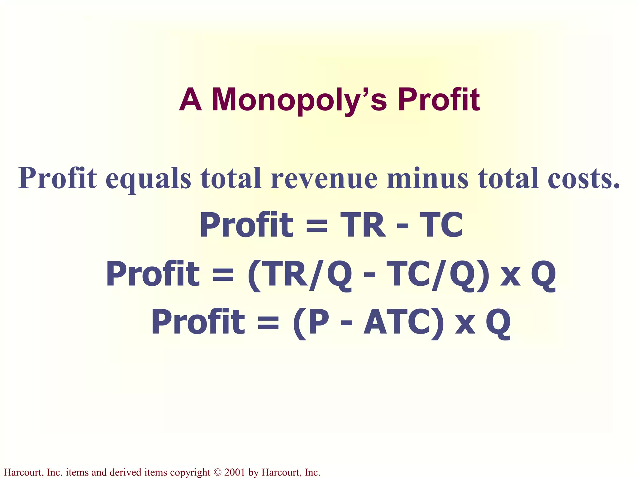 Harcourt, Inc. items and derived items copyright © 2001 by Harcourt, Inc.
A Monopoly’s Profit
Profit equals total revenue minus total costs.
Profit = TR - TC
Profit = (TR/Q - TC/Q) x Q
Profit = (P - ATC) x Q
 