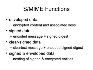 S/MIME Functions
• enveloped data
– encrypted content and associated keys
• signed data
– encoded message + signed digest
• clear-signed data
– cleartext message + encoded signed digest
• signed & enveloped data
– nesting of signed & encrypted entities
 