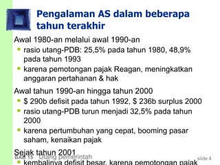 slide 4BAB 15 Utang pemerintah
Pengalaman AS dalam beberapa
tahun terakhir
Awal 1980-an melalui awal 1990-an
 rasio utang-PDB: 25,5% pada tahun 1980, 48,9%
pada tahun 1993
 karena pemotongan pajak Reagan, meningkatkan
anggaran pertahanan & hak
Awal tahun 1990-an hingga tahun 2000
 $ 290b defisit pada tahun 1992, $ 236b surplus 2000
 rasio utang-PDB turun menjadi 32,5% pada tahun
2000
 karena pertumbuhan yang cepat, booming pasar
saham, kenaikan pajak
Sejak tahun 2001
 