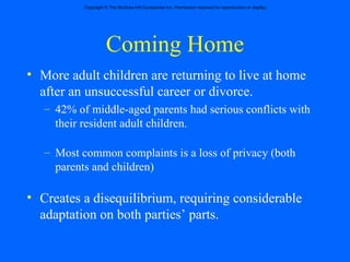 Coming Home More adult children are returning to live at home after an unsuccessful career or divorce. 42% of middle-aged parents had serious conflicts with their resident adult children. Most common complaints is a loss of privacy (both parents and children) Creates a disequilibrium, requiring considerable adaptation on both parties’ parts. 
