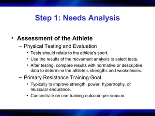 Step 1: Needs Analysis
• Assessment of the Athlete
– Physical Testing and Evaluation
• Tests should relate to the athlete’s sport.
• Use the results of the movement analysis to select tests.
• After testing, compare results with normative or descriptive
data to determine the athlete’s strengths and weaknesses.
– Primary Resistance Training Goal
• Typically to improve strength, power, hypertrophy, or
muscular endurance.
• Concentrate on one training outcome per season.
 