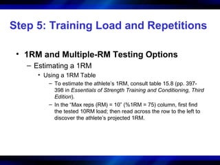 Step 5: Training Load and Repetitions
• 1RM and Multiple-RM Testing Options
– Estimating a 1RM
• Using a 1RM Table
– To estimate the athlete’s 1RM, consult table 15.8 (pp. 397-
398 in Essentials of Strength Training and Conditioning, Third
Edition).
– In the “Max reps (RM) = 10” (%1RM = 75) column, first find
the tested 10RM load; then read across the row to the left to
discover the athlete’s projected 1RM.
 