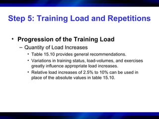 Step 5: Training Load and Repetitions
• Progression of the Training Load
– Quantity of Load Increases
• Table 15.10 provides general recommendations.
• Variations in training status, load-volumes, and exercises
greatly influence appropriate load increases.
• Relative load increases of 2.5% to 10% can be used in
place of the absolute values in table 15.10.
 