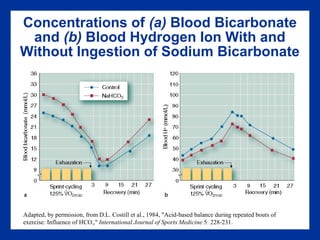 Concentrations of (a) Blood Bicarbonate
and (b) Blood Hydrogen Ion With and
Without Ingestion of Sodium Bicarbonate
Adapted, by permission, from D.L. Costill et al., 1984, "Acid-based balance during repeated bouts of
exercise: Influence of HCO3," International Journal of Sports Medicine 5: 228-231.
 