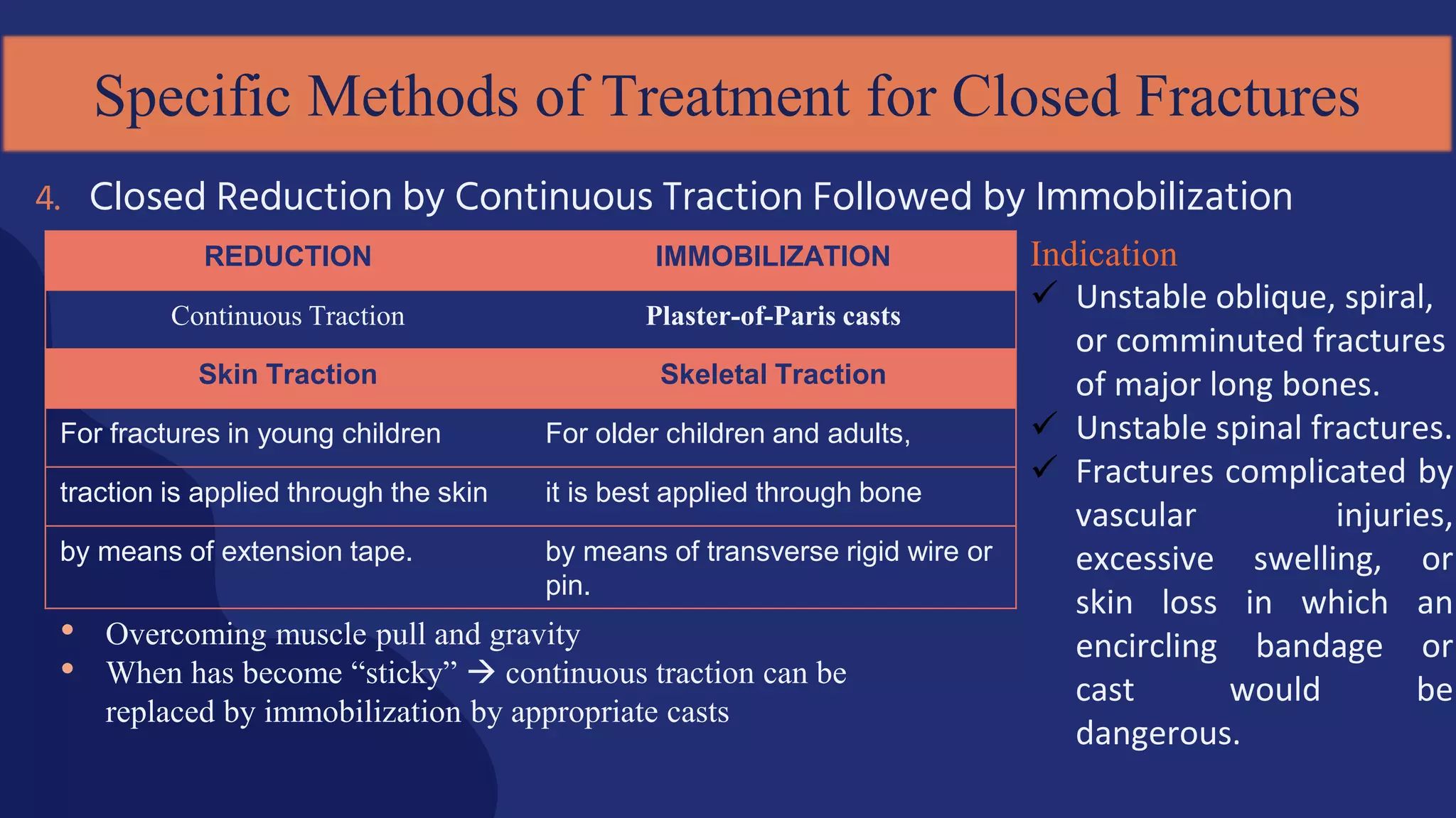 • Overcoming muscle pull and gravity
• When has become “sticky”  continuous traction can be
replaced by immobilization by appropriate casts
4. Closed Reduction by Continuous Traction Followed by Immobilization
Specific Methods of Treatment for Closed Fractures
REDUCTION IMMOBILIZATION
Continuous Traction Plaster-of-Paris casts
Indication
 Unstable oblique, spiral,
or comminuted fractures
of major long bones.
 Unstable spinal fractures.
 Fractures complicated by
vascular injuries,
excessive swelling, or
skin loss in which an
encircling bandage or
cast would be
dangerous.
Skin Traction Skeletal Traction
For fractures in young children For older children and adults,
traction is applied through the skin it is best applied through bone
by means of extension tape. by means of transverse rigid wire or
pin.
 