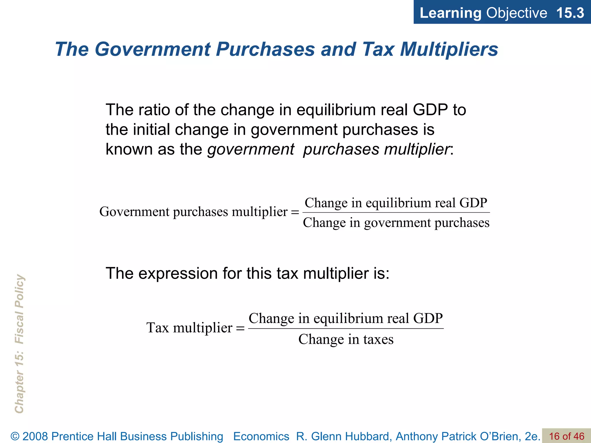 The Government Purchases and Tax Multipliers Learning  Objective  15.3 The ratio of the change in equilibrium real GDP to the initial change in government purchases is known as the  government  purchases multiplier : The expression for this tax multiplier is: 