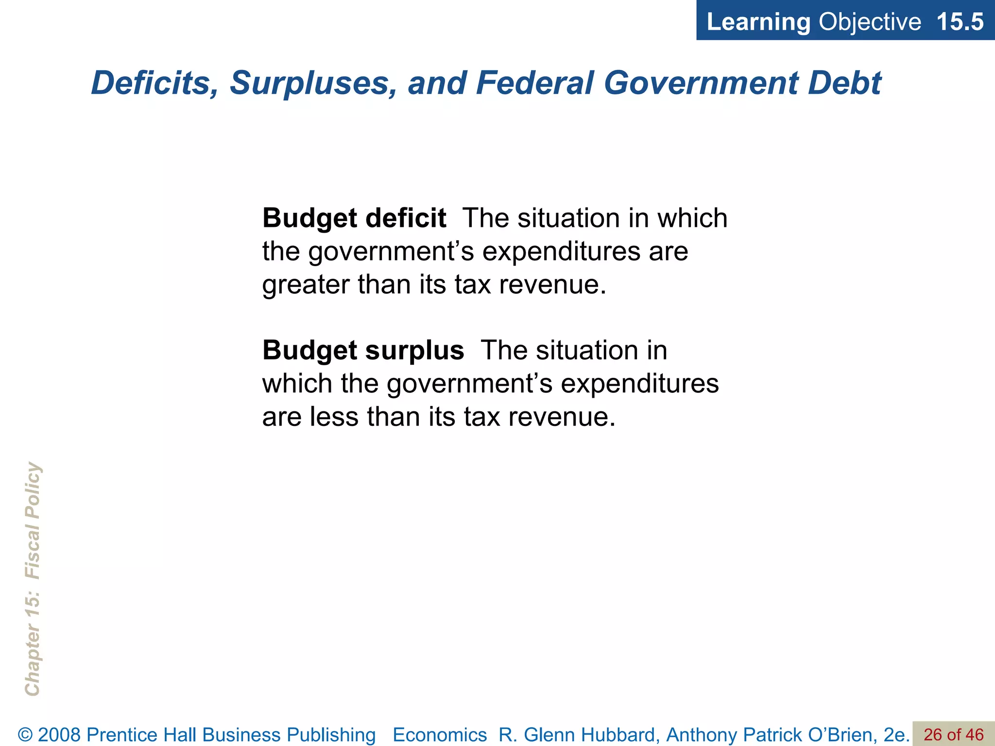 Deficits, Surpluses, and Federal Government Debt Budget deficit   The situation in which the government’s expenditures are greater than its tax revenue. Budget surplus   The situation in which the government’s expenditures are less than its tax revenue. Learning  Objective  15.5 