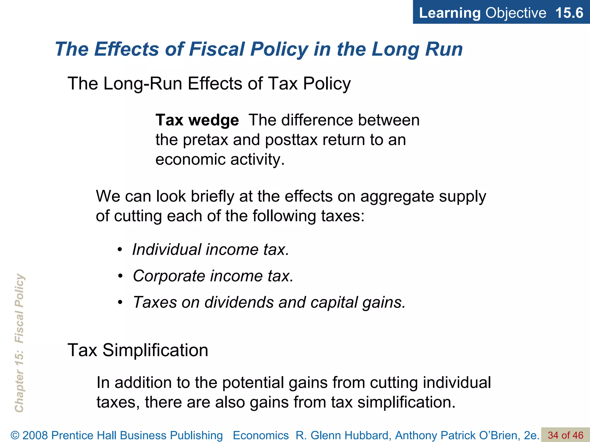 The Effects of Fiscal Policy in the Long Run Tax wedge   The difference between the pretax and posttax return to an economic activity. Learning  Objective  15.6 The Long-Run Effects of Tax Policy •  Individual income tax. •  Corporate income tax. •  Taxes on dividends and capital gains. We can look briefly at the effects on aggregate supply of cutting each of the following taxes: In addition to the potential gains from cutting individual taxes, there are also gains from tax simplification. Tax Simplification 