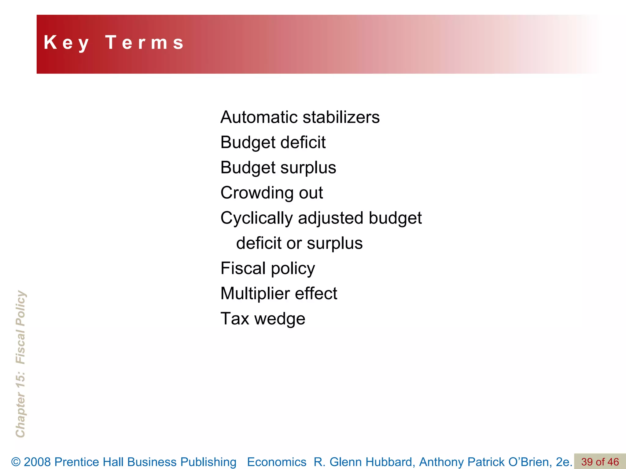 Automatic stabilizers Budget deficit Budget surplus Crowding out Cyclically adjusted budget deficit or surplus Fiscal policy Multiplier effect Tax wedge K e y  T e r m s 
