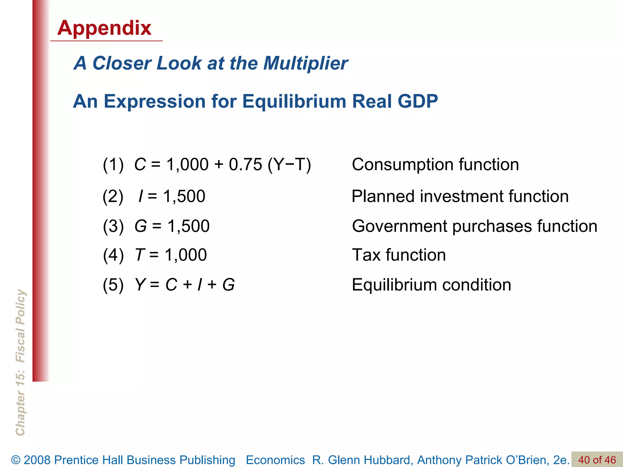 A Closer Look at the Multiplier An Expression for Equilibrium Real GDP (1)  C  = 1,000 + 0.75 (Y−T)  Consumption function (2)  I  = 1,500 Planned investment function (3)  G  = 1,500 Government purchases function (4)  T  = 1,000 Tax function (5)  Y  =  C + I + G Equilibrium condition Appendix 